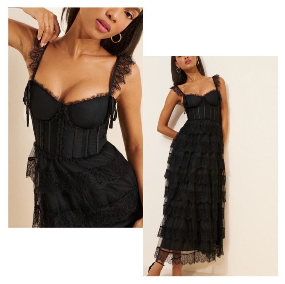 Amy Jane London Adessa Maxi Ruffle lace Black Dress Size Large